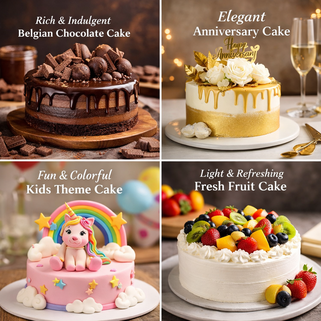 Belgian chocolate, pastel cake, anniversary cake and fresh fruit cake designs