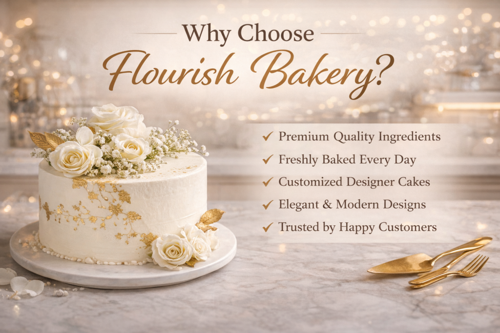 Luxury promotional banner for Flourish Bakery featuring elegant white and gold designer cake with “Why Choose Flourish Bakery” text and premium quality highlights